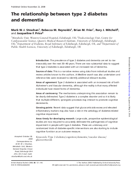(PDF) The relationship between type 2 diabetes and dementia