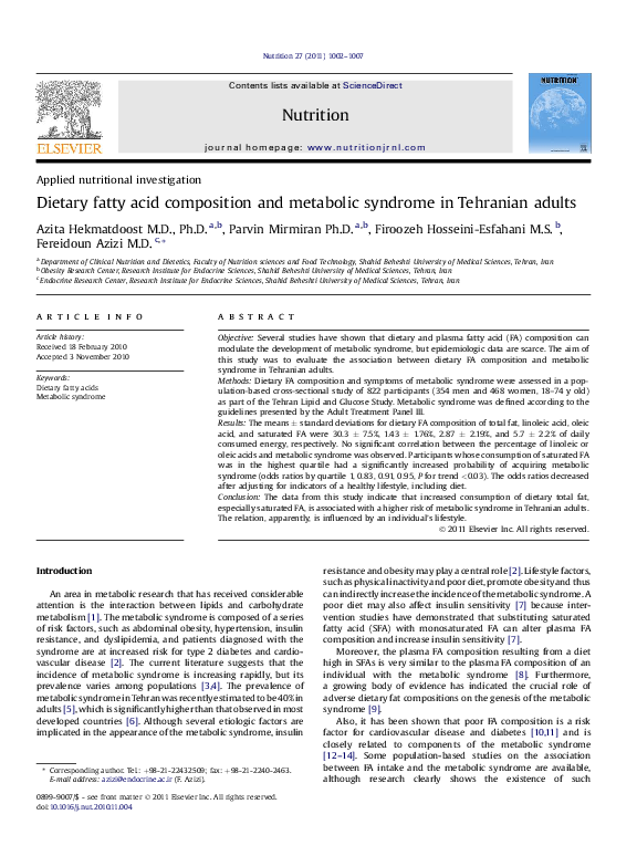 (PDF) Dietary fatty acid composition and metabolic syndrome in ...