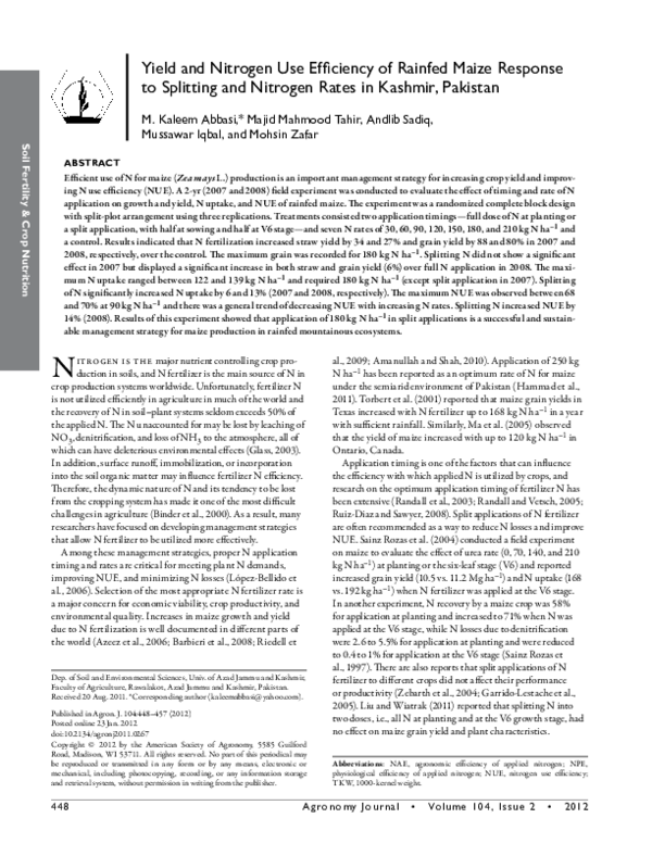 (PDF) Yield and Nitrogen Use Efficiency of Rainfed Maize Response to ...