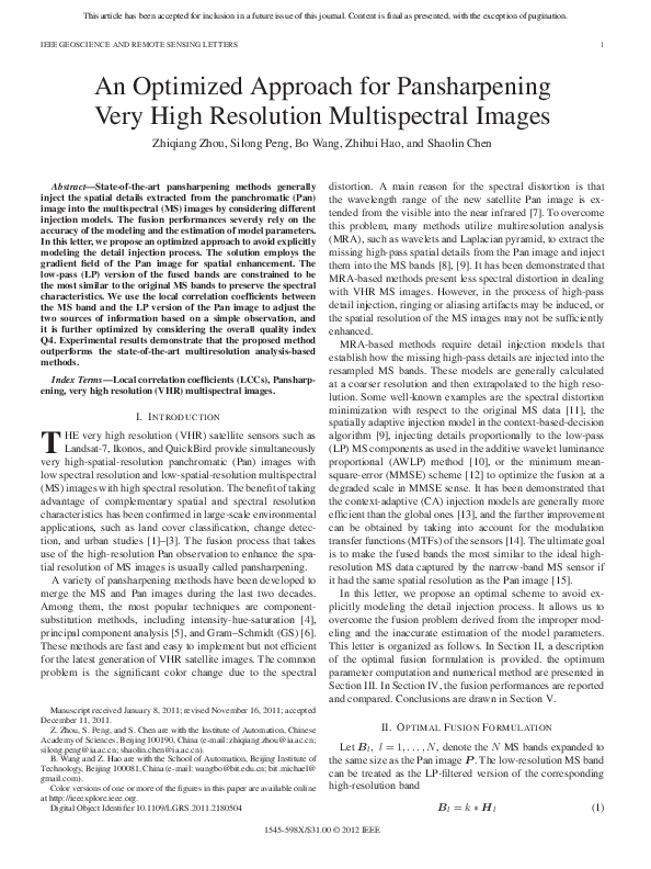 (PDF) An Optimized Approach for Pansharpening Very High Resolution ...