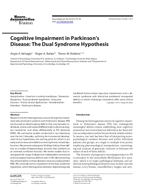 (PDF) Cognitive Impairment in Parkinson s Disease The Dual Syndrome
