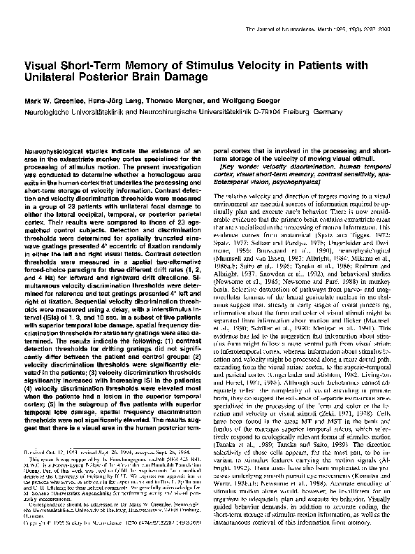 (PDF) Visual short-term memory of stimulus velocity in patients with ...