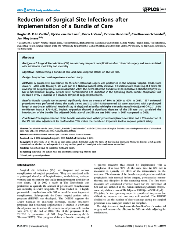 (PDF) Reduction of surgical site infections after implementation of a ...