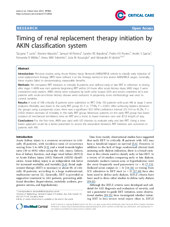 (PDF) Timing of renal replacement therapy initiation by AKIN ...