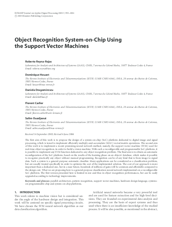 (PDF) Object Recognition System-on-Chip Using the Support Vector Machines
