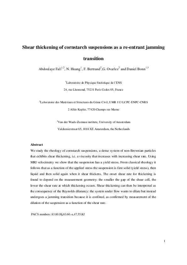 (PDF) Shear Thickening of Cornstarch Suspensions as a Reentrant Jamming