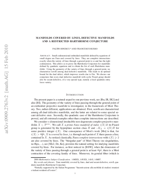 (PDF) Manifolds covered by lines, defective manifolds and a restricted