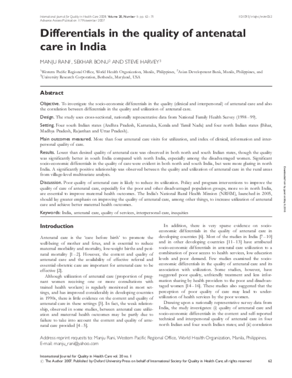 (PDF) Differentials in the quality of antenatal care in India