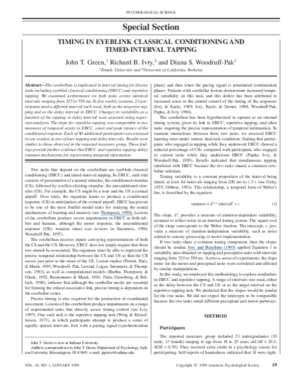 (PDF) Timing in Eyeblink Classical Conditioning and TimedInterval