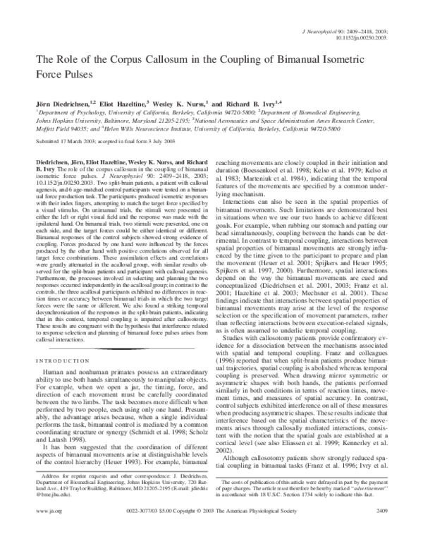 (PDF) The Role of the Corpus Callosum in the Coupling of Bimanual