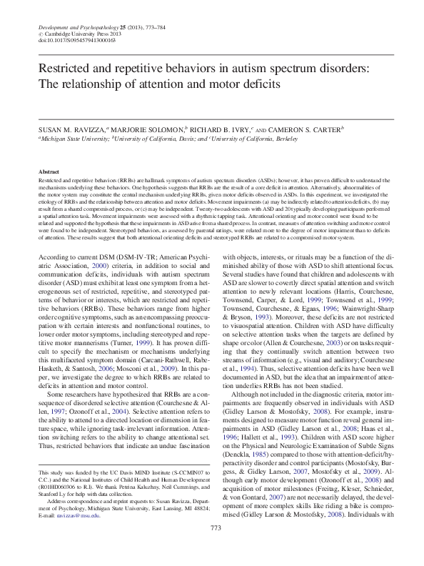 (PDF) Restricted and repetitive behaviors in autism spectrum disorders ...
