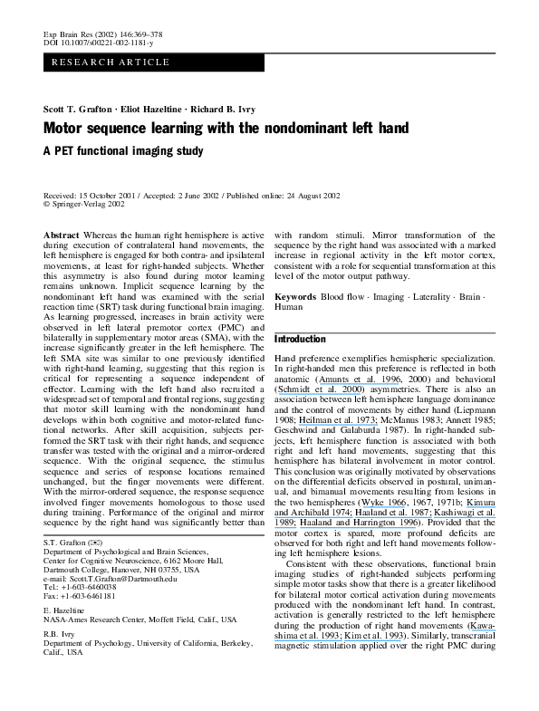 (PDF) Motor sequence learning with the nondominant left hand Richard