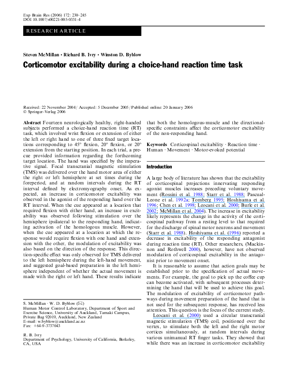 (PDF) excitability during a choicehand reaction time task