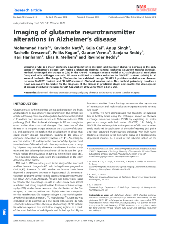 (PDF) Imaging of glutamate neurotransmitter alterations in Alzheimer's ...