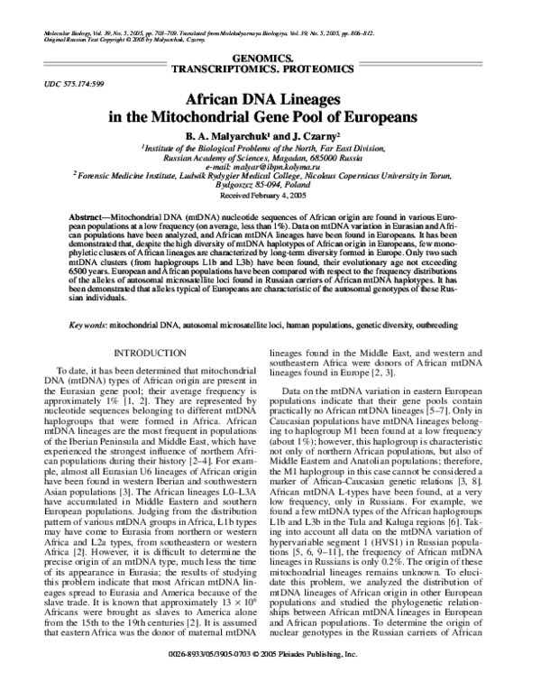(PDF) African DNA Lineages in the Mitochondrial Gene Pool of Europeans