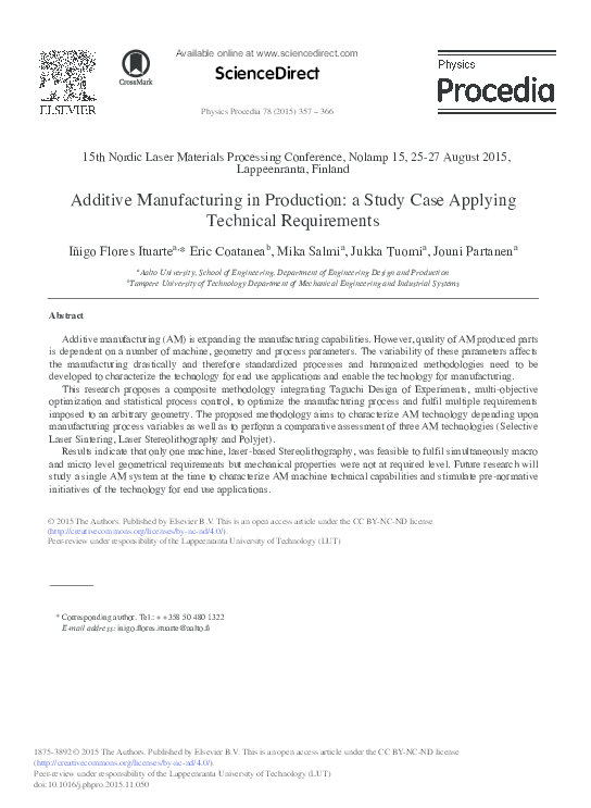 (PDF) Additive Manufacturing in Production: a Study Case Applying ...