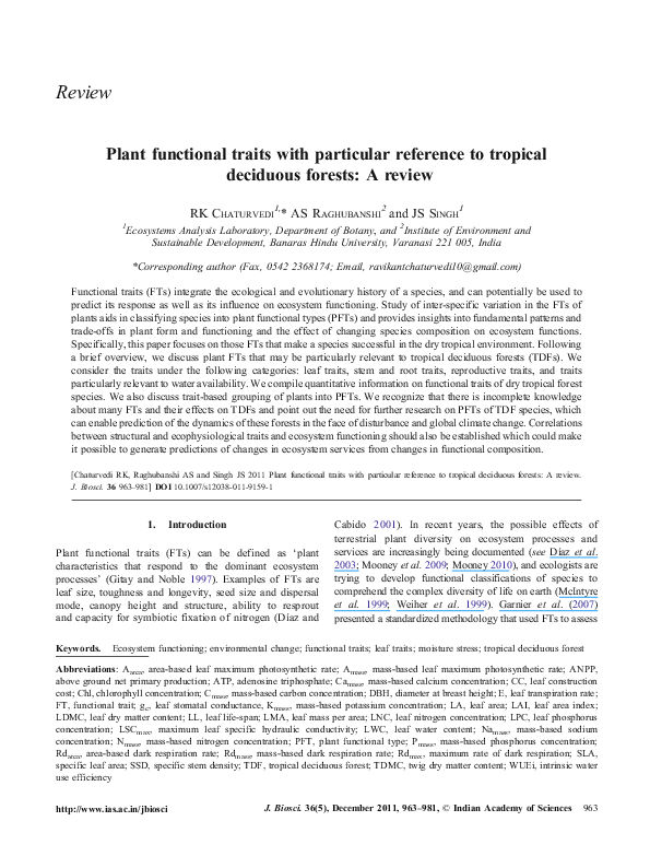 (PDF) Plant functional traits with particular reference to tropical ...