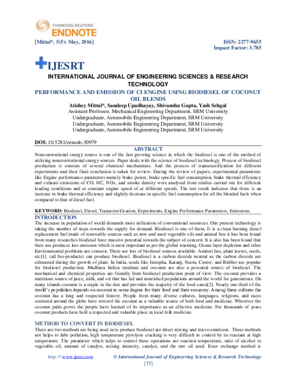 (PDF) PERFORMANCE AND EMISSION OF CI ENGINE USING BIODIESEL OF COCONUT ...