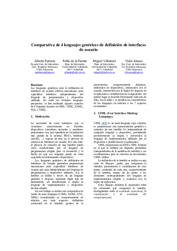 (PDF) Comparativa de 4 lenguajes genéricos de definición de interfaces de usuario Vidal Alonso