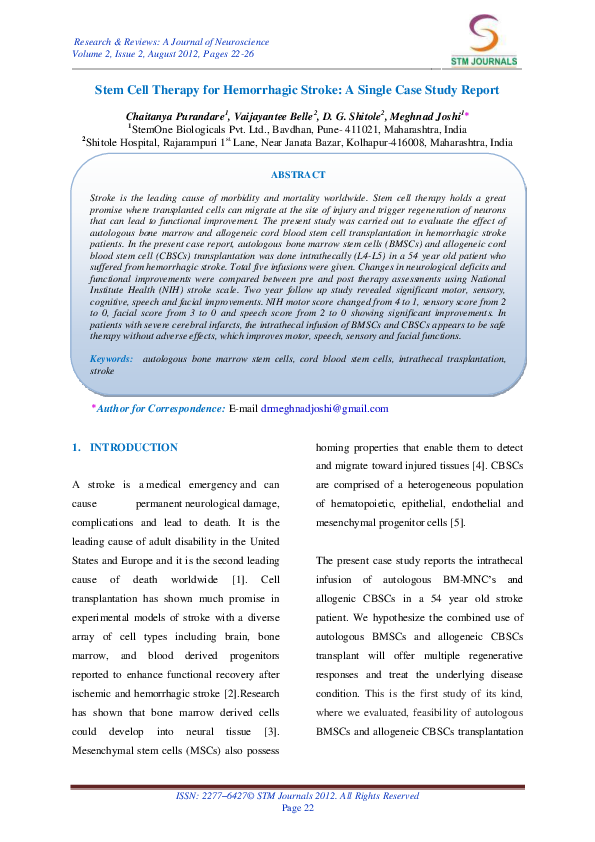 (PDF) Stem Cell Therapy for Hemorrhagic Stroke: A Single Case Study Report