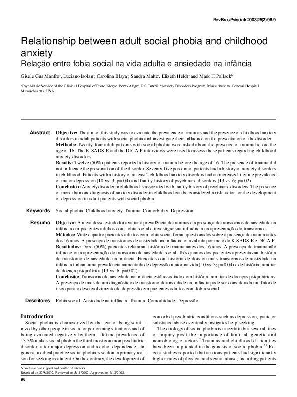 (PDF) Relationship between adult social phobia and childhood anxiety