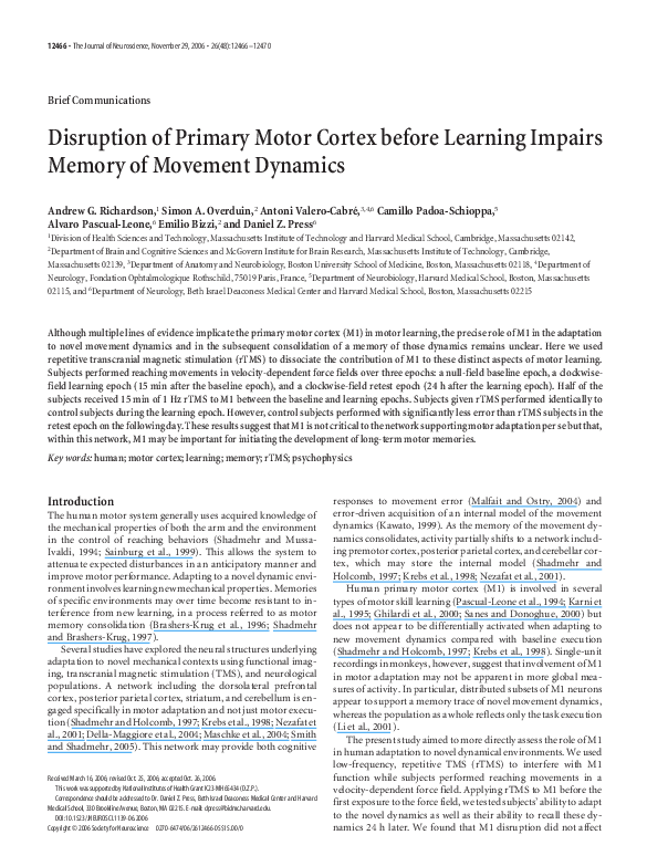 (PDF) Disruption of Primary Motor Cortex before Learning Impairs Memory ...