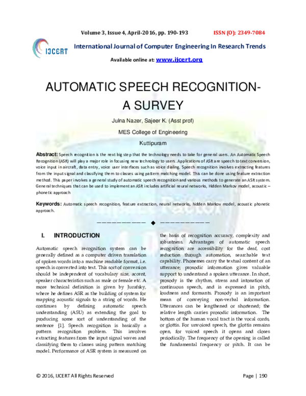 (PDF) AUTOMATIC SPEECH RECOGNITION- A SURVEY