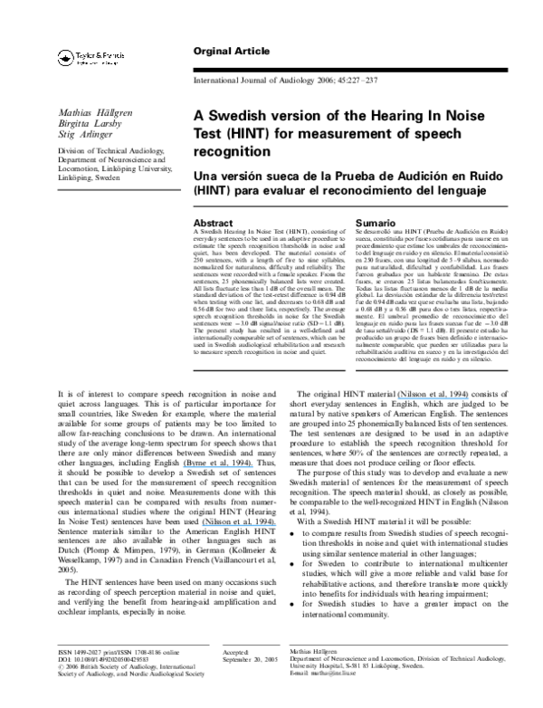 (PDF) A Swedish version of the Hearing In Noise Test (HINT) for ...