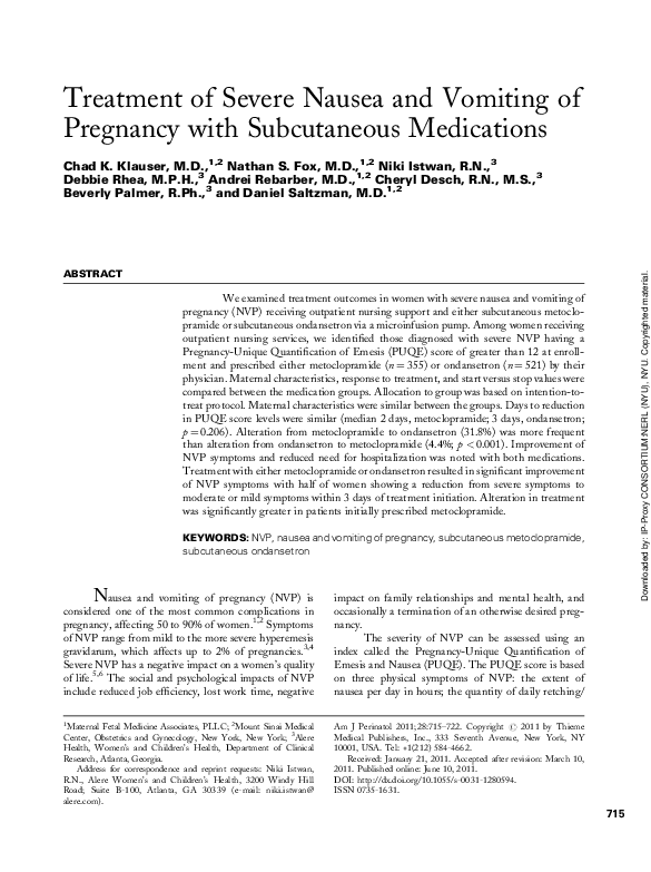 (PDF) Treatment of Severe Nausea and Vomiting of Pregnancy with