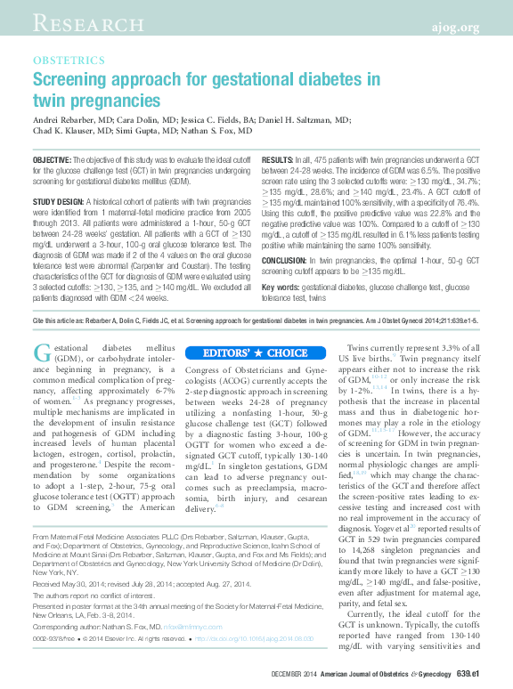 (PDF) Screening approach for gestational diabetes in twin pregnancies