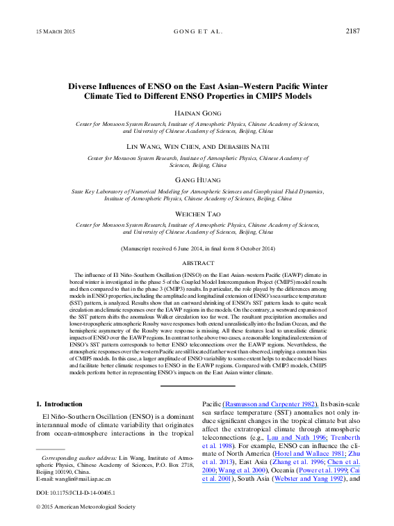 (PDF) Diverse Influences of ENSO on the East Asian–Western Pacific ...