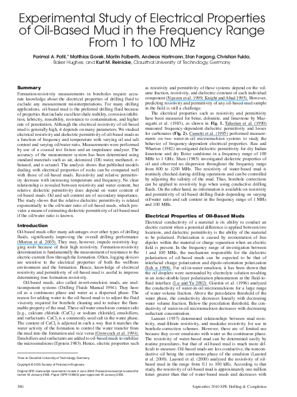 (PDF) Electrical Resistivity and Permittivity Measurements of Oil Base