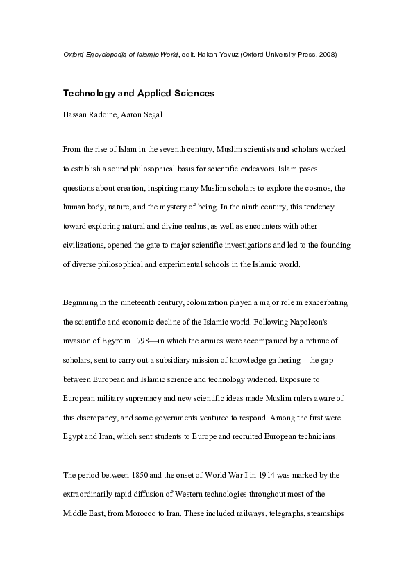 Technology and Applied Sciences in the Islamic World