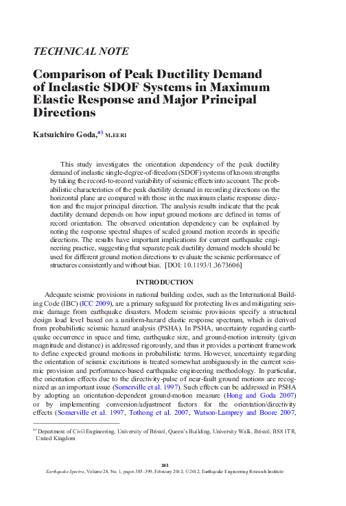 (PDF) Comparison of Peak Ductility Demand of Inelastic SDOF Systems in ...