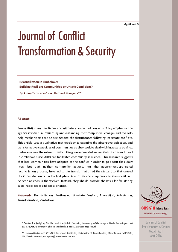 (PDF) Reconciliation in Zimbabwe Building Resilient Communities or