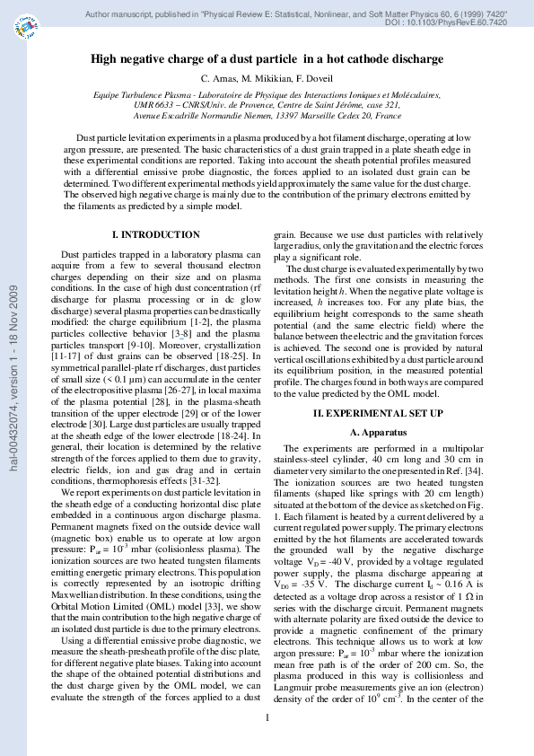 (PDF) High negative charge of a dust particle in a hot cathode