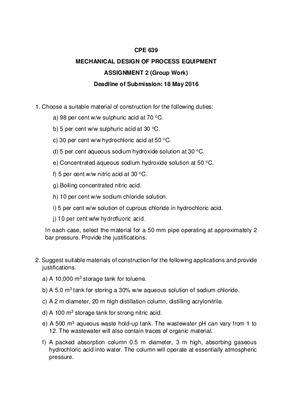 (PDF) CPE 639 MECHANICAL DESIGN OF PROCESS EQUIPMENT ASSIGNMENT 2