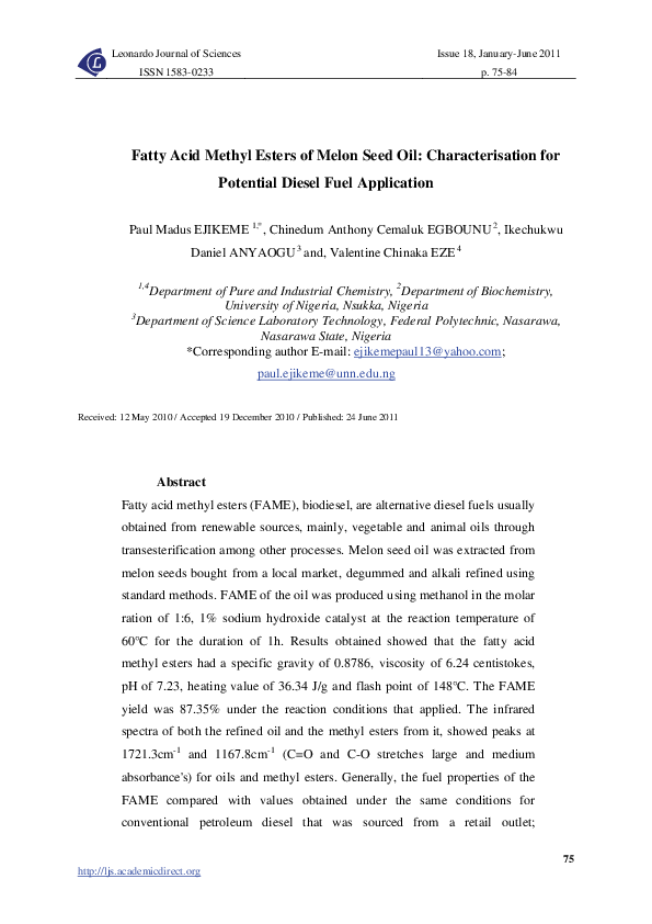 (PDF) Fatty Acid Methyl Esters of Melon Seed Oil Characterisation for