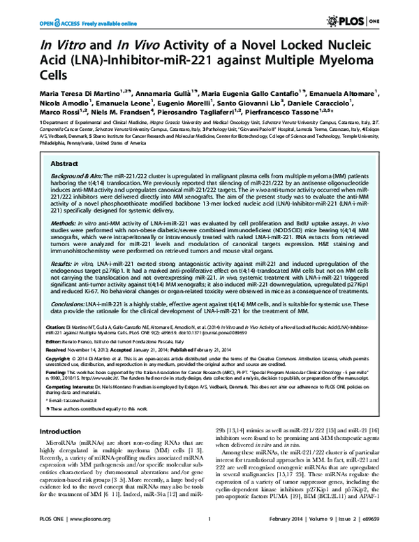 (PDF) In Vitro and In Vivo Activity of a Novel Locked Nucleic Acid (LNA ...