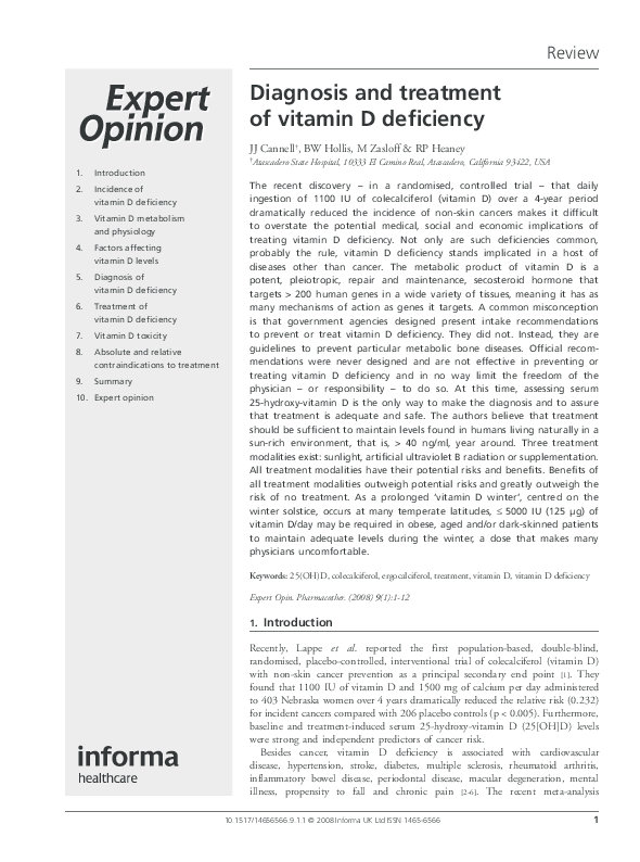 (PDF) Diagnosis and treatment of vitamin D deficiency John Cannell