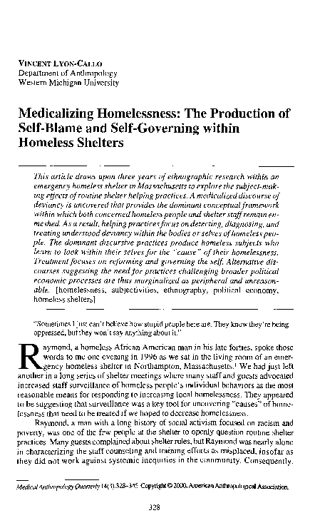 (PDF) Medicalizing Homelessness: The Production of Self-Blame and Self ...