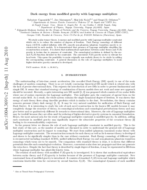 (PDF) Dark energy from modified gravity with Lagrange multipliers
