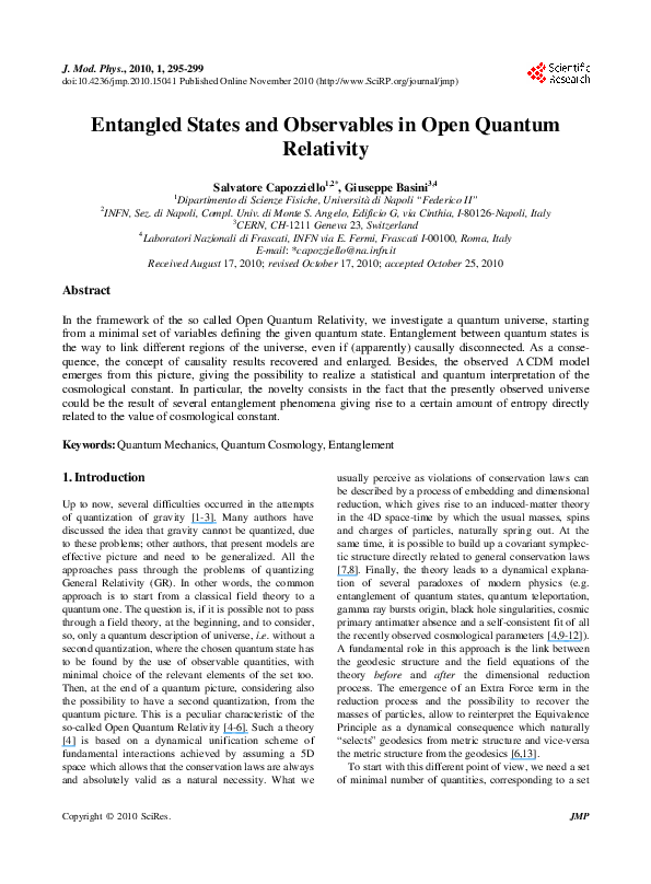 (PDF) Entangled States and Observables in Open Quantum Relativity