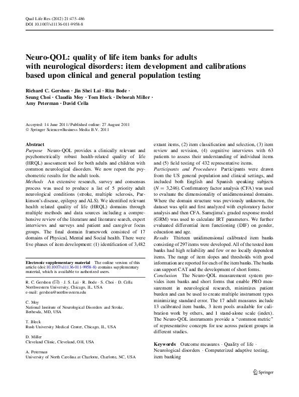 (PDF) Neuro-QOL: quality of life item banks for adults with ...