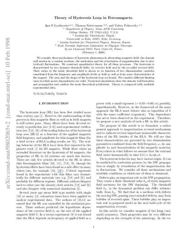 (PDF) Theory of the hysteresis loop in ferromagnets