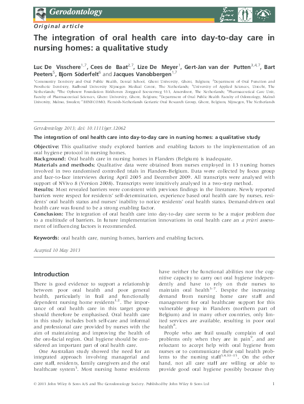 (PDF) The integration of oral health care into day-to-day care in ...