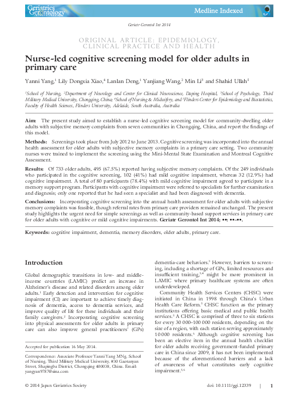 (PDF) Nurse-led cognitive screening model for older adults in primary care