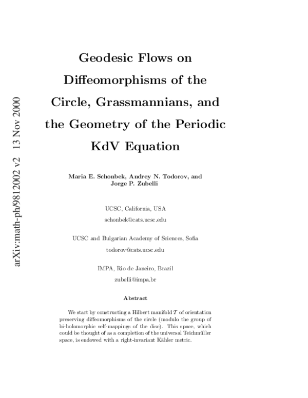 (PDF) Geodesic flows on diffeomorphisms of the circle, Grassmannians ...