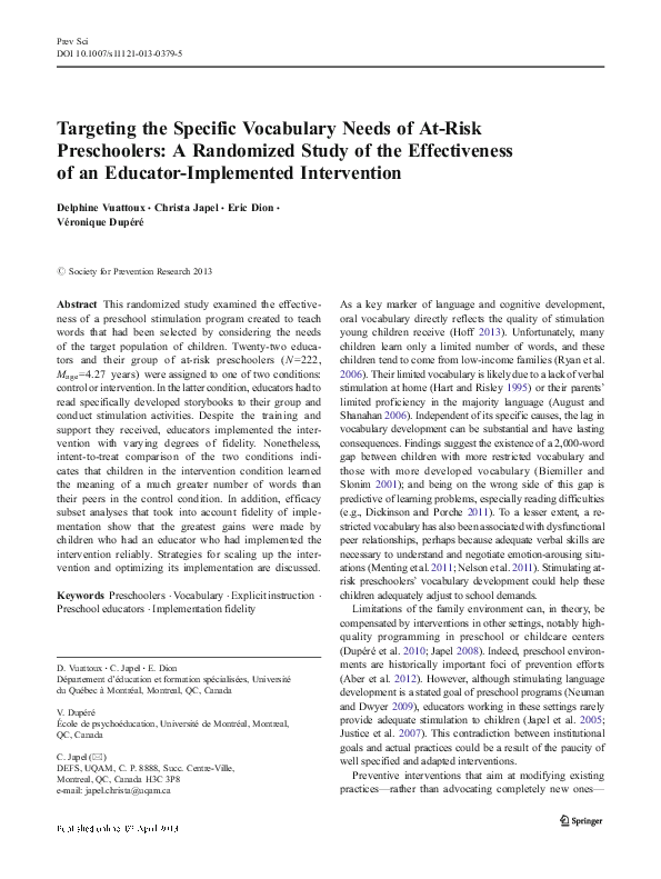 (PDF) Targeting the Specific Vocabulary Needs of At-Risk Preschoolers ...