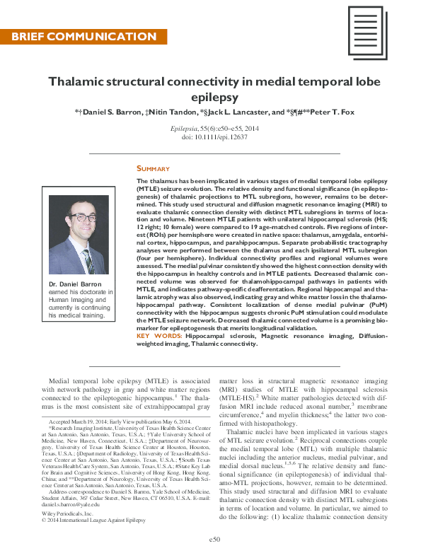 (PDF) Thalamic structural connectivity in medial temporal lobe epilepsy